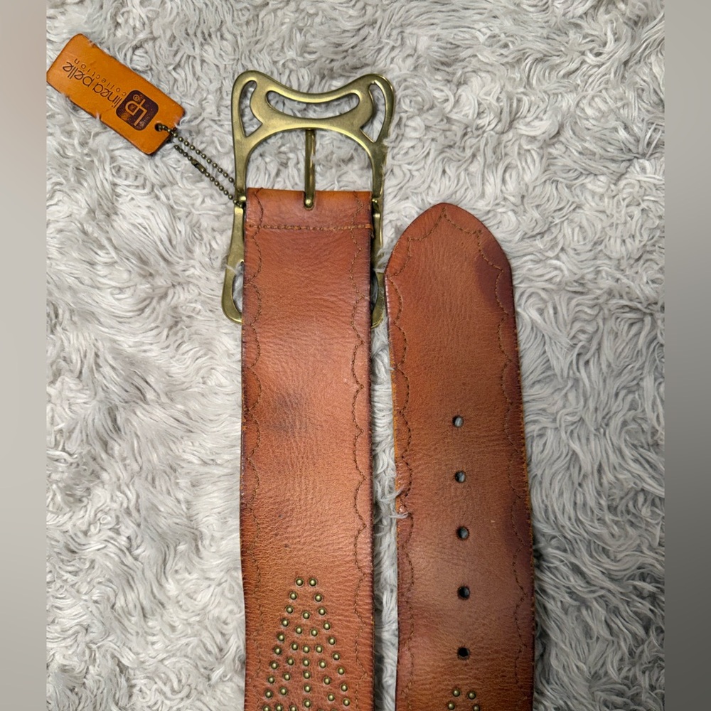 Linea Pelle Vintage Wide Brown Leather Belt Brass Design Large - Picture 14 of 14